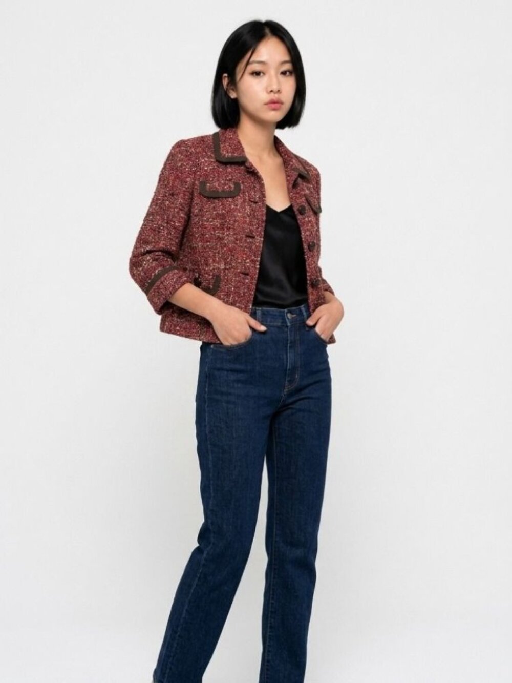 Talbots Women's Burgundy Tweed Jacket With Brown Trim Button Front 3/4 Sleeves - Picture 6 of 6